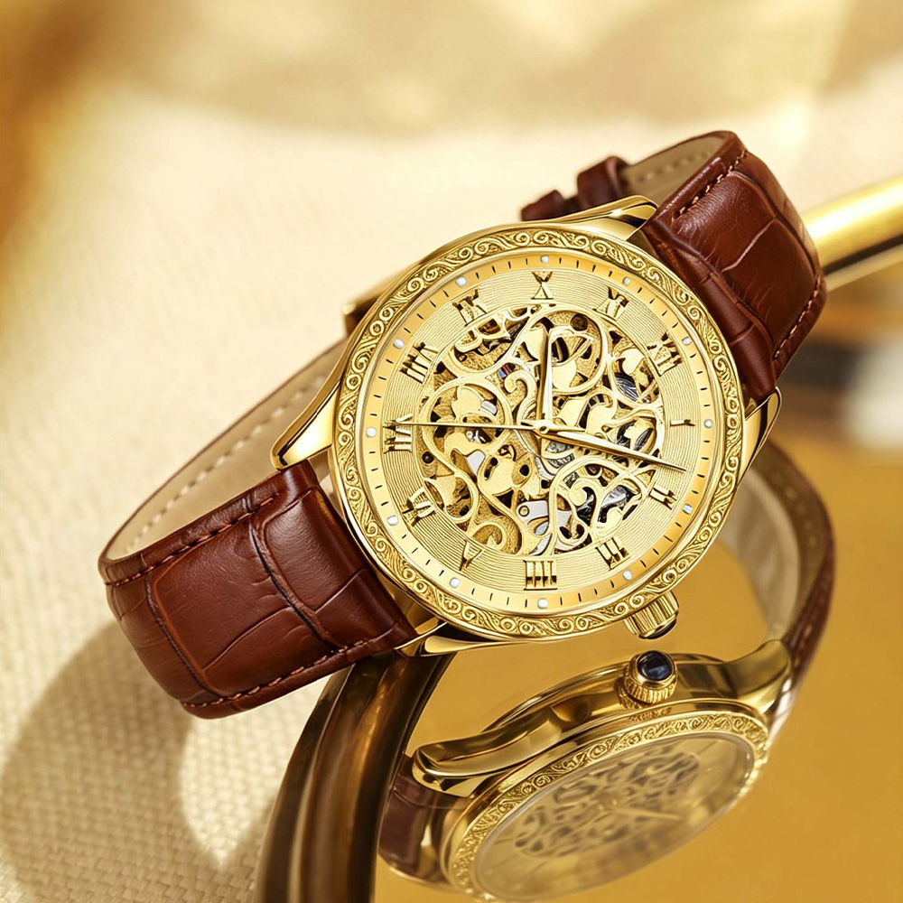 Skeleton Mechanical Watch - LOUIE JUELEN Damen-Mechanikuhr, Gold, Luxus, graviertes